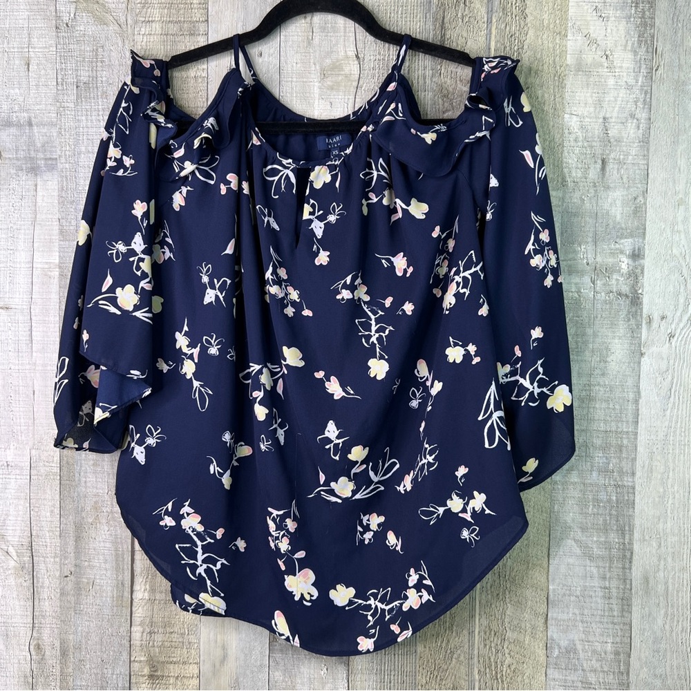 Kaari Blue Size XS Blue Floral Cold Shoulder Bell Sleeve Lined Chiffon Blouse